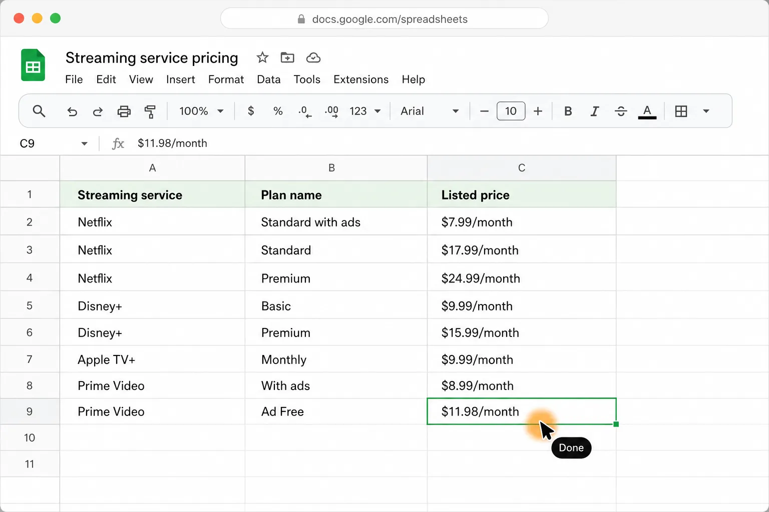 A completed Google Sheets table compares Netflix, Disney+, Apple TV+, and Prime Video plans and listed monthly prices, with the AI cursor marked “Done” on the final cell.