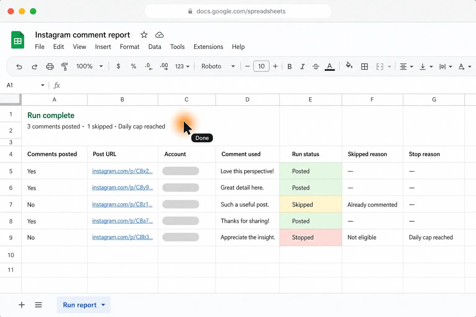 A completed Google Sheets Instagram comment report shows posted, skipped, and stopped targets, with the cursor status marked “Done.”