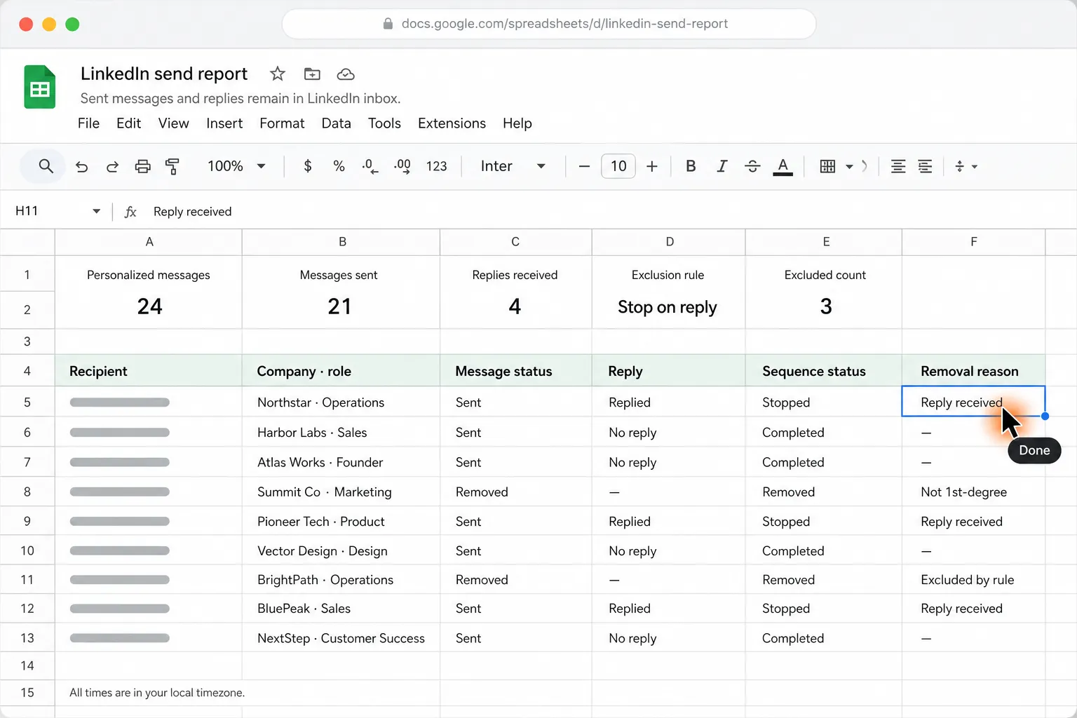 Your LinkedIn send report is ready on screen