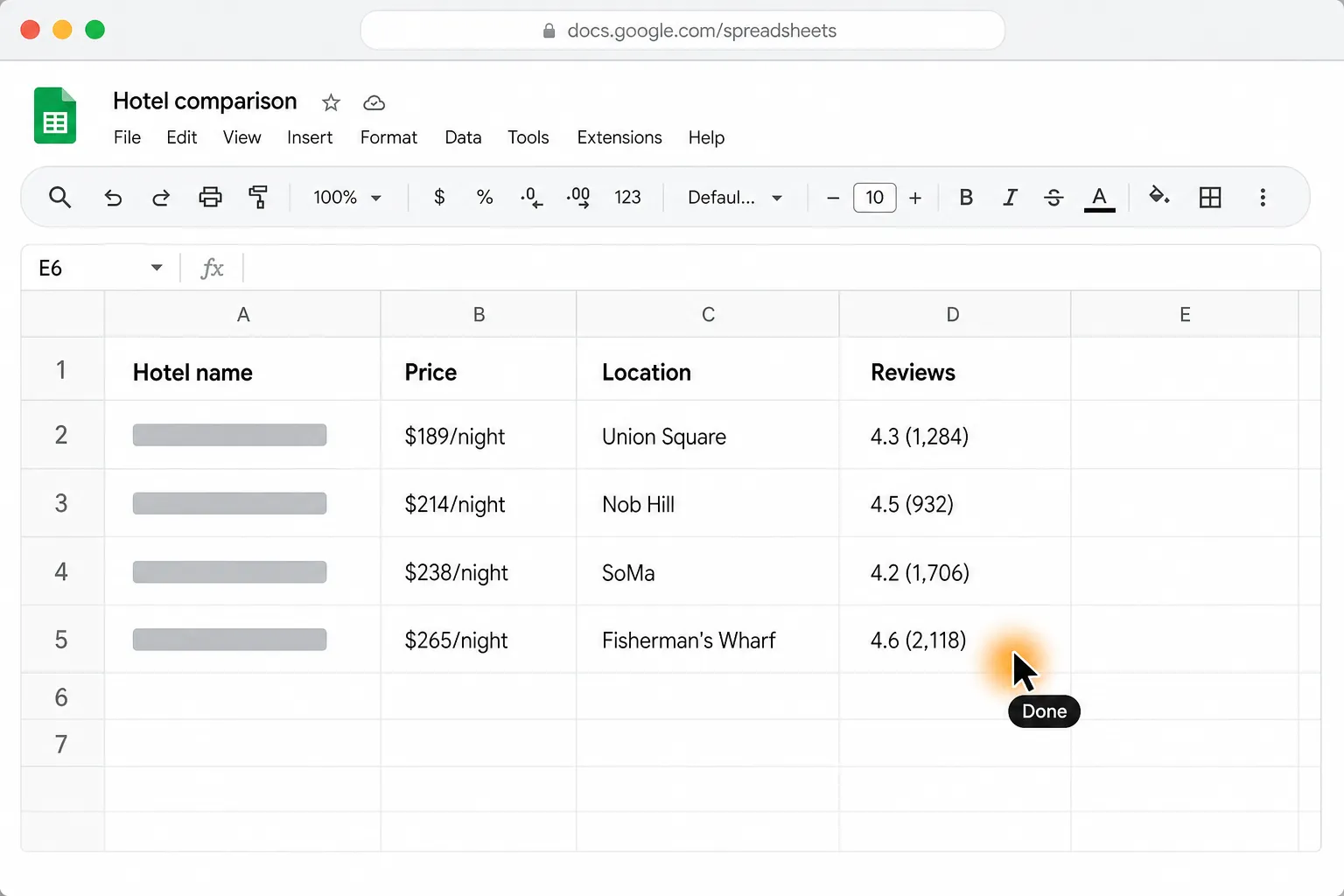 Your hotel comparison is ready in Google Sheets