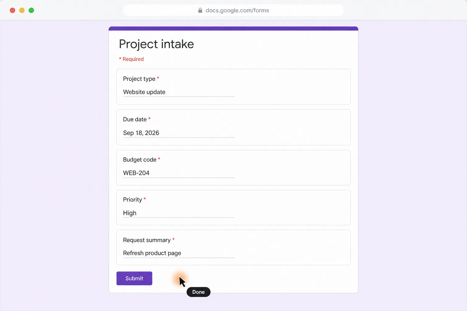 A completed Google Form displays filled project details, ready for review before Submit, with the glowing cursor marked “Done.”