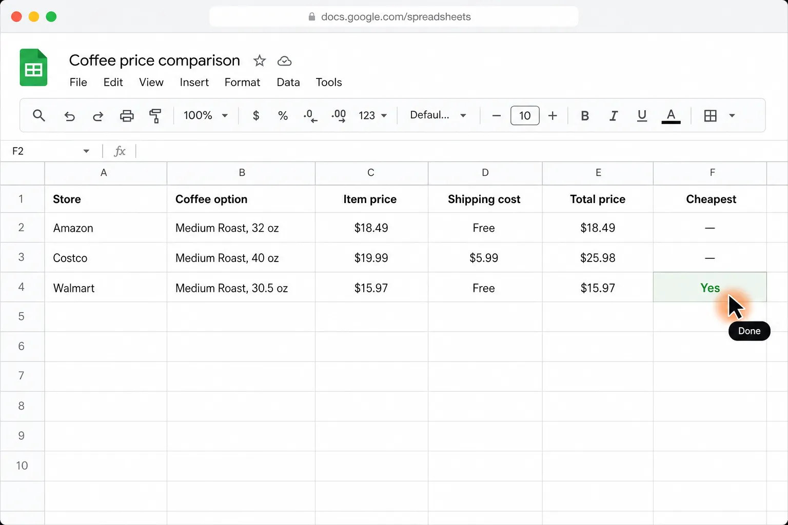 The cheapest coffee is shown in Google Sheets