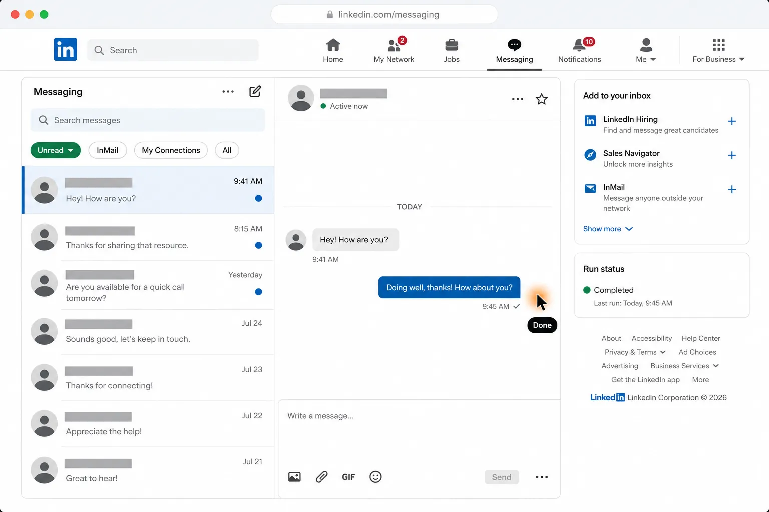The completed LinkedIn thread shows the short reply as the newest outgoing message, with the run status marked Completed.