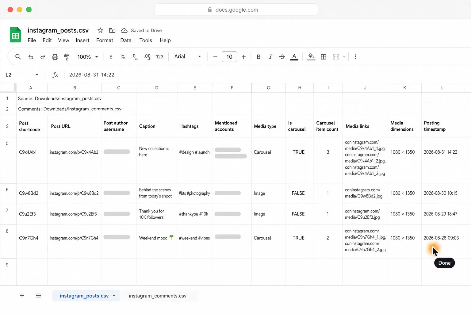 A completed Google Sheet displays structured Instagram post data from both linked CSV files, with the glowing cursor marked “Done.”