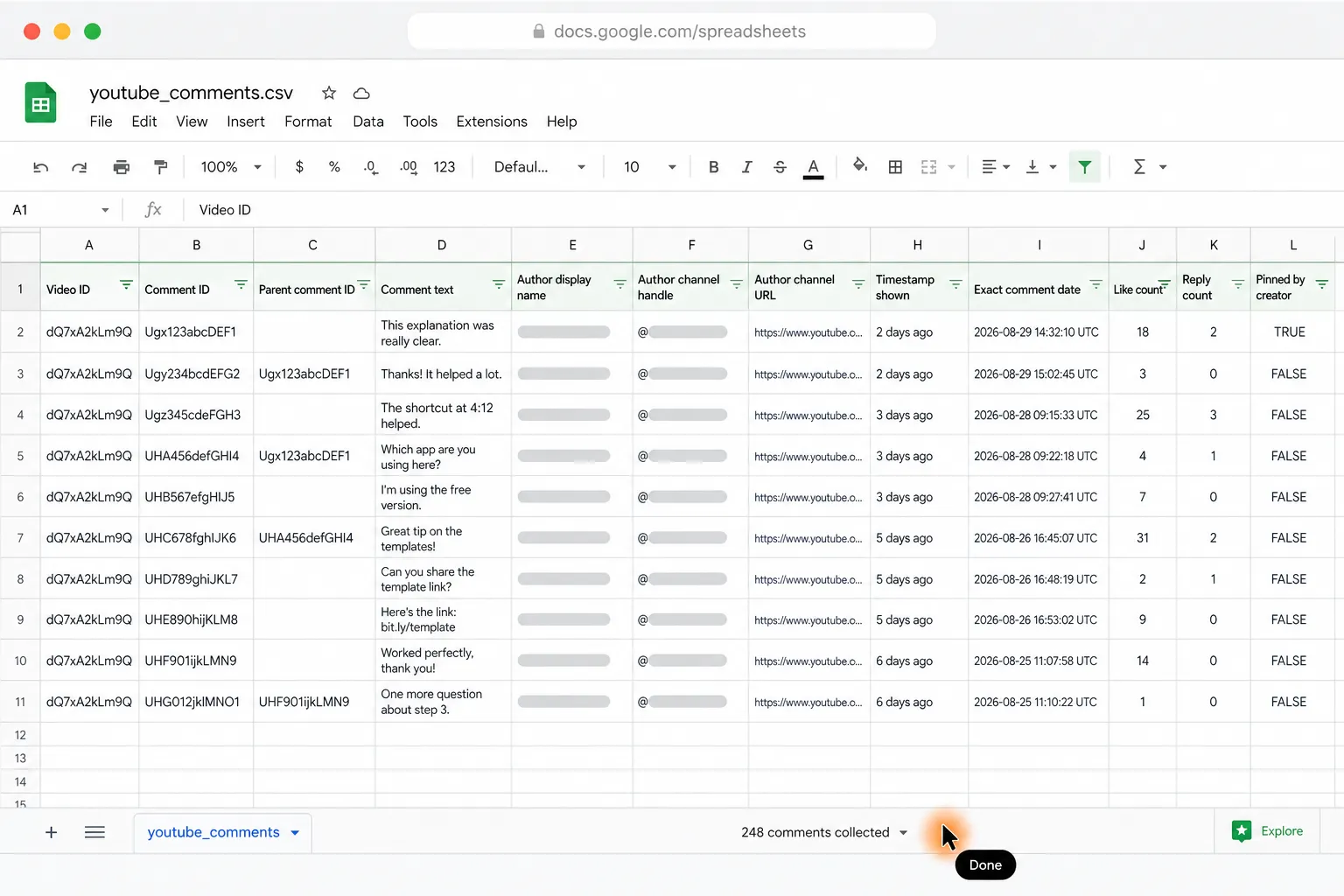 Your YouTube comments CSV is ready in Downloads