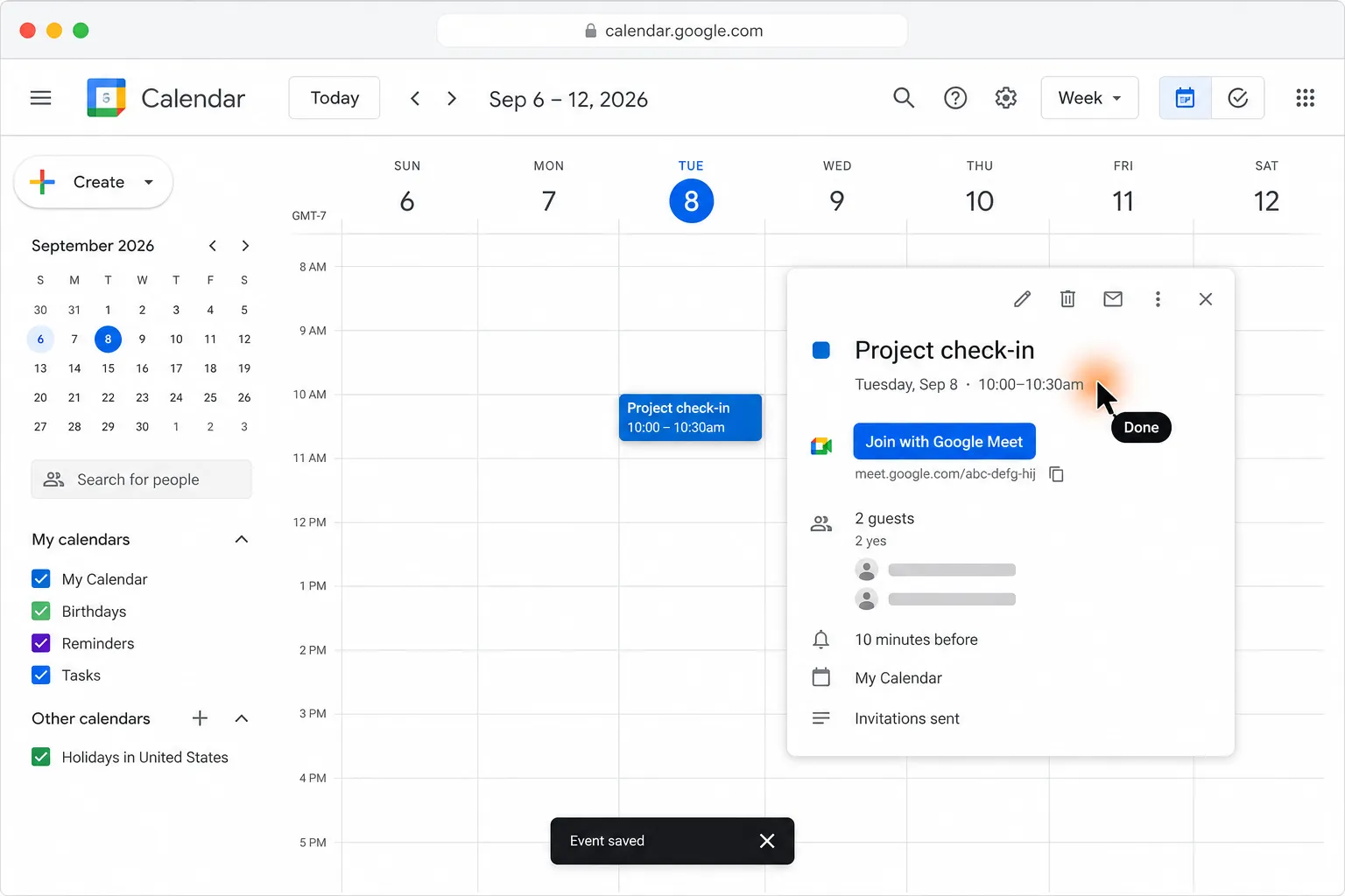 A completed Google Calendar event titled “Project check-in” shows the agreed time, two attendees, Google Meet details, invitations sent, and a cursor status chip reading “Done.”