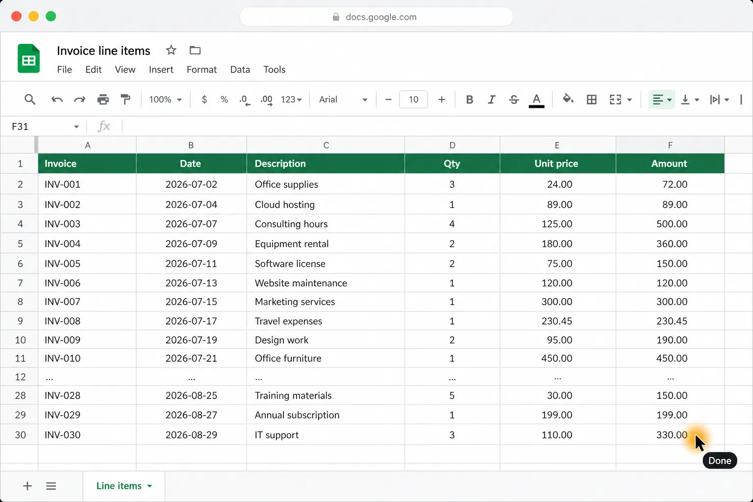A completed Google Sheets table shows line items extracted from all 30 invoices, with the cursor and “Done” status beside the final amount.
