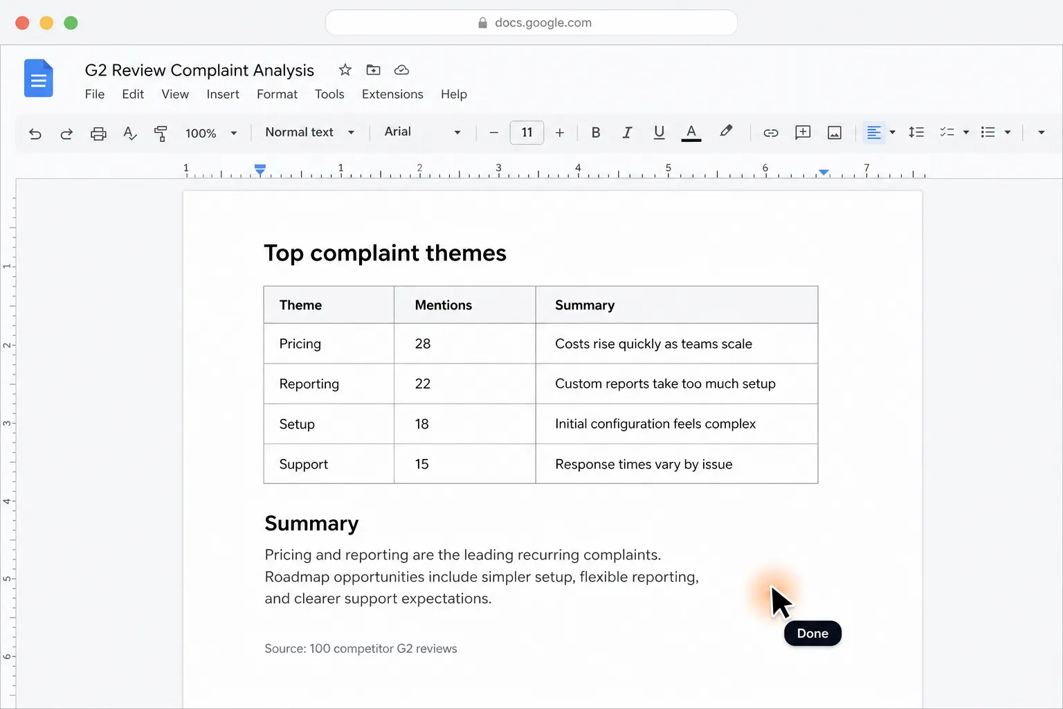 Your complaint summary is ready in Google Docs