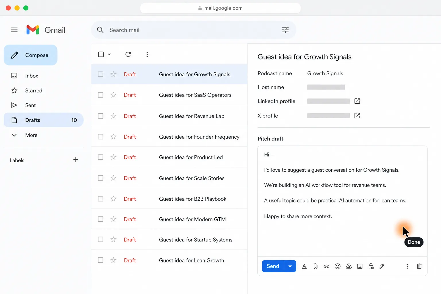 Your 10 pitch drafts are ready in Gmail