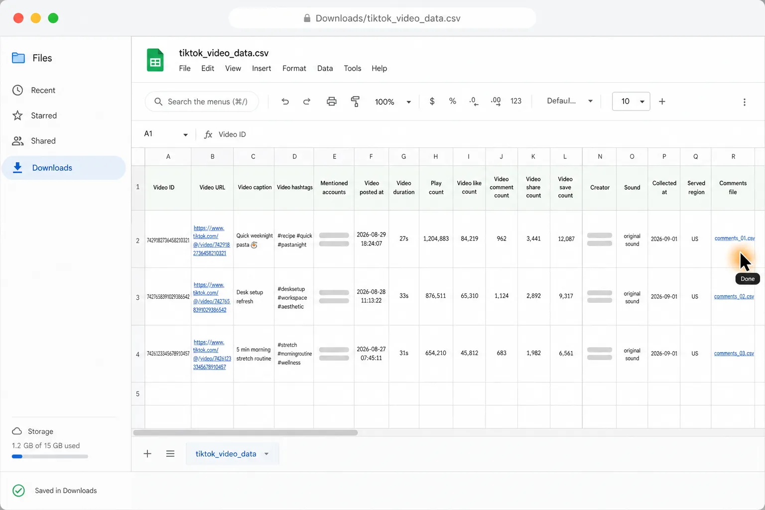 The completed TikTok data CSV is open in Downloads with linked video, creator, sound, comment, collection-date, and region fields, while the cursor displays “Done.”
