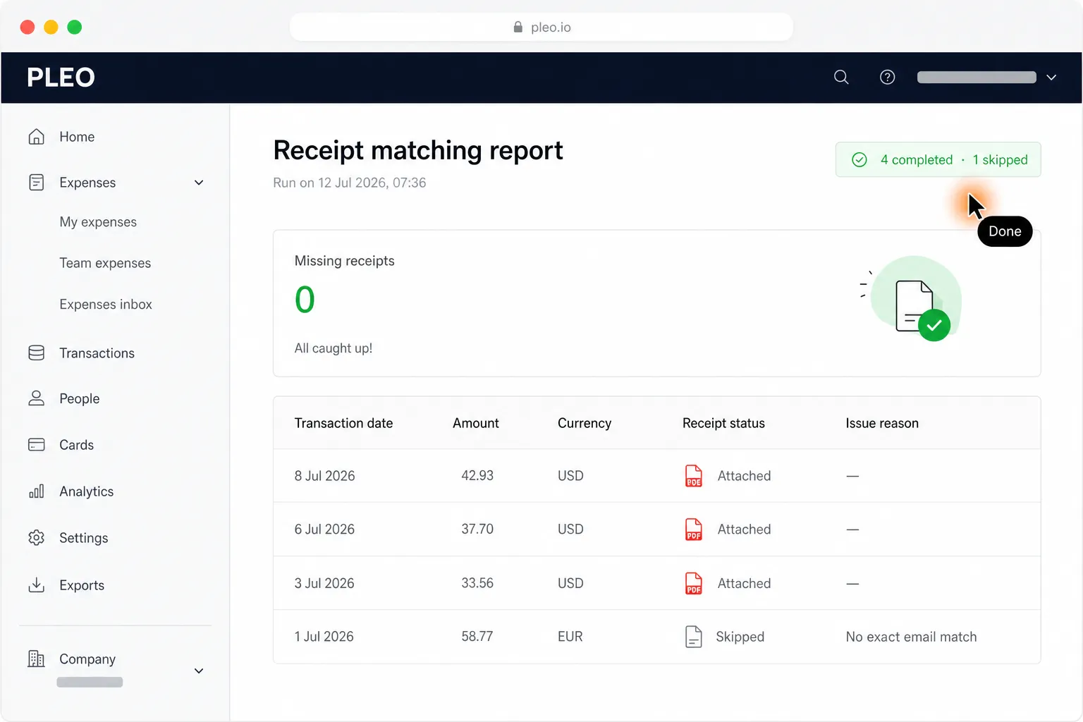 A completed Pleo receipt matching report shows zero missing receipts, four completed items, one skipped item with its reason, and the cursor status marked “Done.”