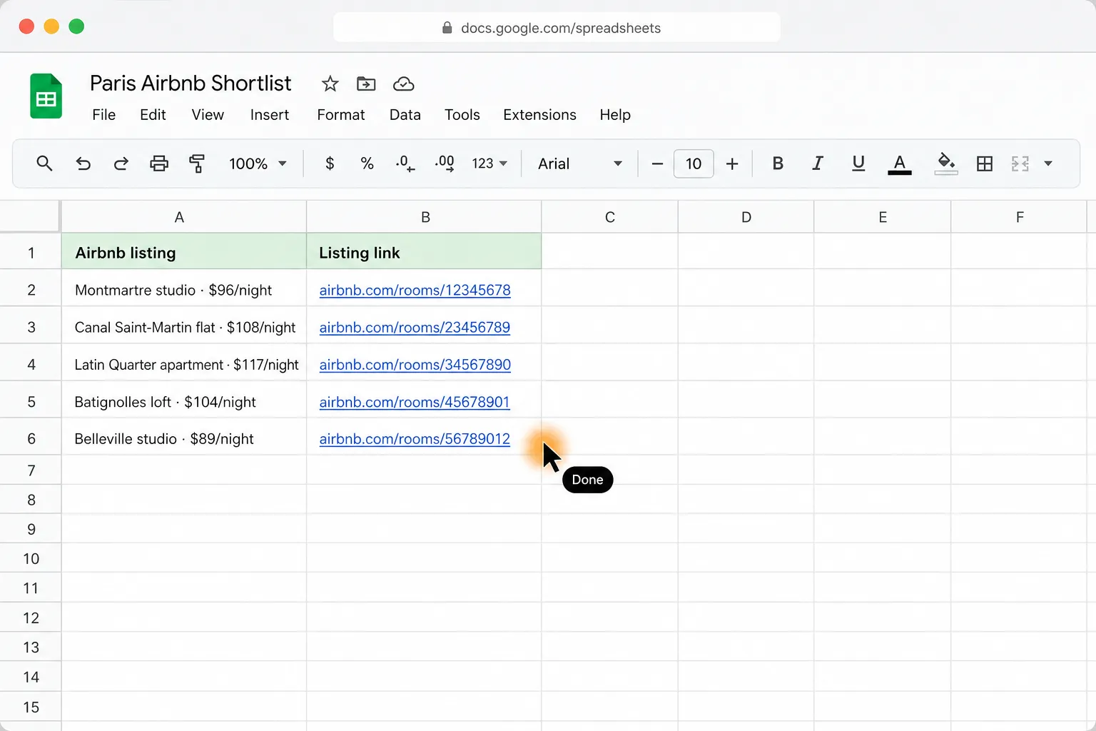 A completed Google Sheet titled “Paris Airbnb Shortlist” displays five qualifying stays under $120 per night with listing links, while the glowing cursor status reads “Done.”