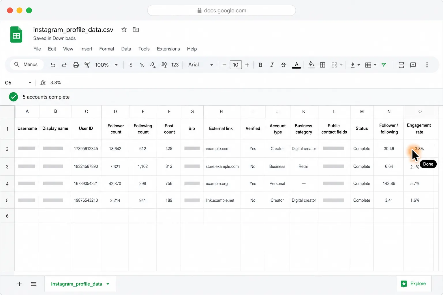 A completed Google Sheet shows Instagram profile data for five accounts, with the glowing cursor and “Done” chip on a populated engagement-rate cell.