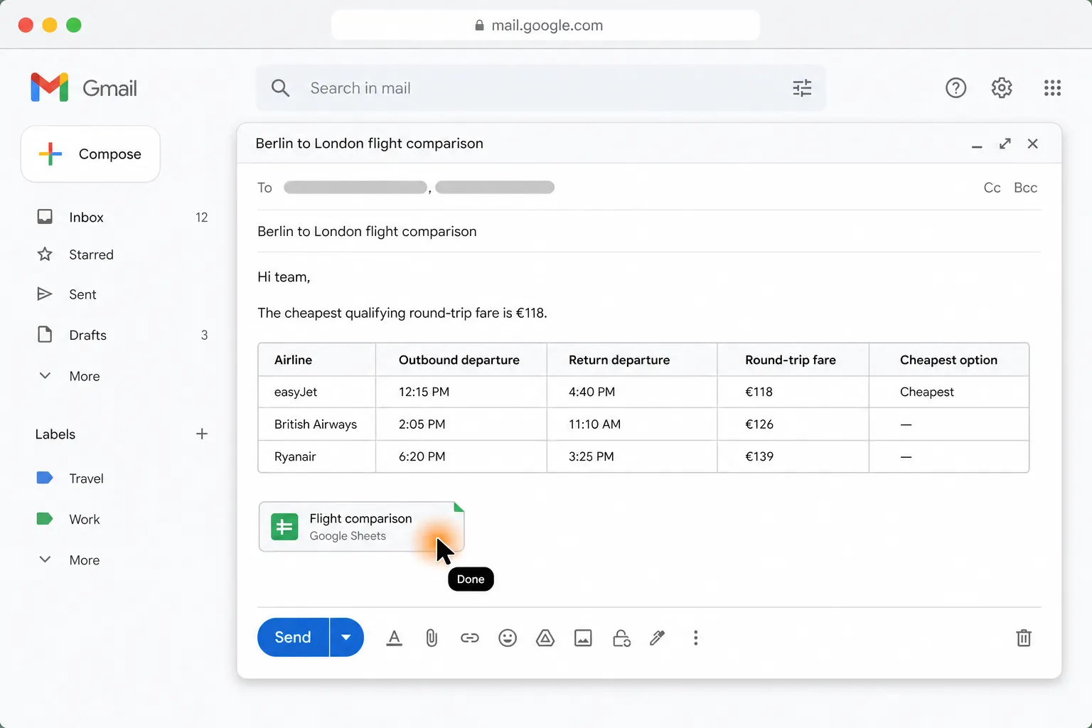 A completed Gmail draft summarizes the Berlin-to-London fare comparison, identifies easyJet’s €118 round trip as cheapest, and includes the finished Google Sheets file under a cursor marked “Done.”