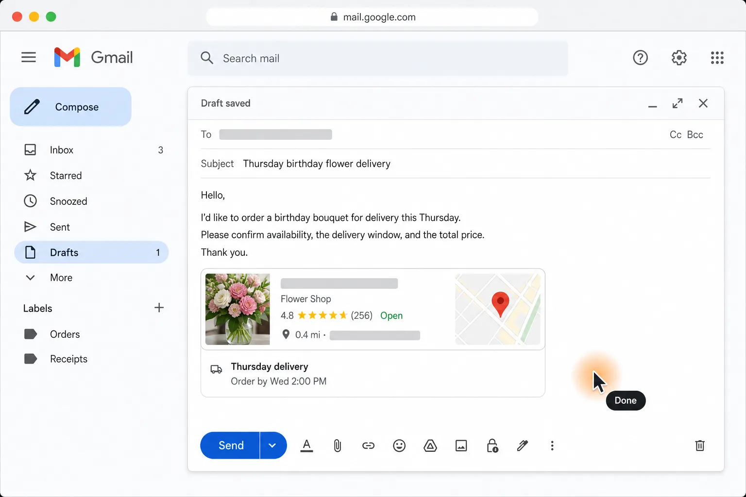 Your flower order request is ready in Gmail